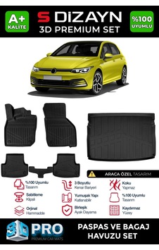 S-dizayn Vw Golf 8 Manuel 3d Pro Havuzlu Paspas Ve Üst Bagaj Havuzu Seti 2'li Set 2020-2024 A+ Ka