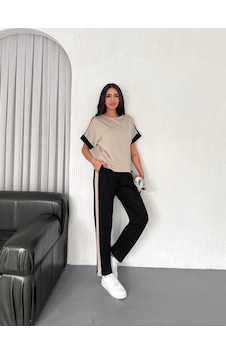 Etiler Collection Kadın Modal Dokulu Kumaş Yanı Şeritli Takım Siyah - Krem