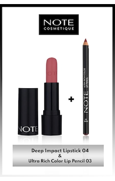 Note Cosmetics Deep Impact Kremsi Dokulu Yarı Parlak Ruj 04 Terracotta + Ultra Rich Color Dudak Kalemi 03 Nude