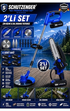 Schutzenger 2030TN 2 Set 4 Batarya Şarjlı Ot Çim Biçme Makinesi Tırpan 7 Başlıklar Ve Şarjlı Budama Testeresi Zinçirli 15cm Pala Mavi