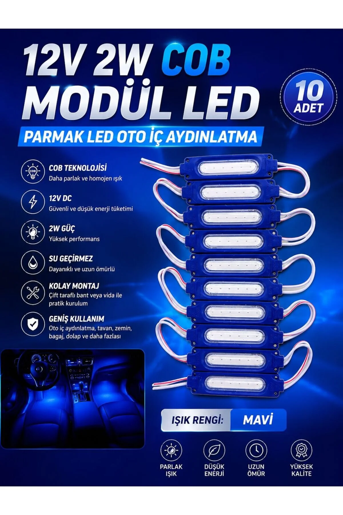 12v 2w Cob Modül Led Parmak Led Oto İç Aydınlatma Mavi 12v 2w Cob Modül Led Parmak Led Oto İç Aydınlatma Mavi