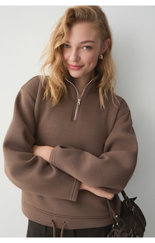 ETHIQUET Ethıquet Bellagıo Kadın Organik Pamuklı Kanguru Cepli Yakası Fermuarlı Kahverengi Sweatshirt ETHIQUET Ethıquet Bellagıo Kadın Organik Pamuklı Kanguru Cepli Yakası Fermuarlı Kahverengi Sweatshirt