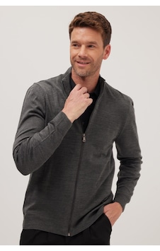 Tudors Erkek Slim Fit Dar Kesim Gri Dik Yaka Fermuarlı Düz Hırka-34916