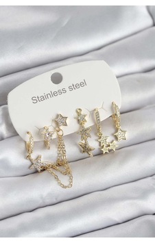 316l Çelik Gold Renk 6'lı Set Zincirli Yıldız Modelli Kadın Küpe Altın
