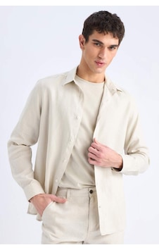 DeFacto %100 Keten Regular Fit Polo Yaka Yazlık Uzun Kollu Gömlek D9925AX25SPGR350