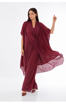 Bohem Stil Italyan Ipek Detaylı Oversize Kap Bluz- Wes Pantolon Takım Koyu Bordo Bohem Stil Italyan Ipek Detaylı Oversize Kap Bluz- Wes Pantolon Takım Koyu Bordo