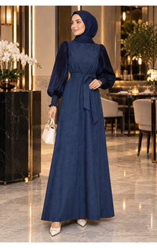 Esra Butik78 Taşlanmış İpek Cupra Elbise Desenli Kol & Kuşaklı Şık Tasarım Lacivert Esra Butik78 Taşlanmış İpek Cupra Elbise Desenli Kol & Kuşaklı Şık Tasarım Lacivert