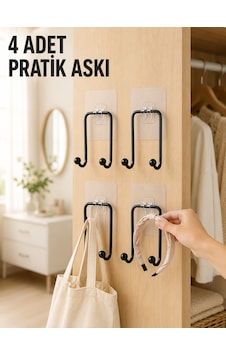 4 Adet Yapışkanlı Duvar Askısı Çok Amaçlı Pratik Askılık Seti Diğer