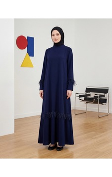 Nevayla Moda Tüy Detaylı Zarif Elbise / Lacivert - E0133 Nevayla Moda Tüy Detaylı Zarif Elbise / Lacivert - E0133