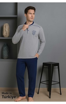 Eyfuze Erkek Yakası Düğmeli %100 Pamuklu Mevsimlik Örme Penye Uzun Kollu Pijama Takımı Gri