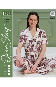 Oversleep Kadın Kısa Kol Ön Boydan Düğmeli Pijama Takımı Ekru - Gri Oversleep Kadın Kısa Kol Ön Boydan Düğmeli Pijama Takımı Ekru - Gri