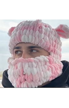 Moonaja Puffy Örgü Kar Maskesi Şapka - Wegh Bere Maske - Balaklava Motorsiklet Kask Ve Kayak Beresi Çok Renkli