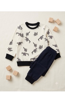 Hanova Creative Çocuk Pijama Takımı Rakun Desenli Kışlık Alt Üst Takım Siyah - Beyaz