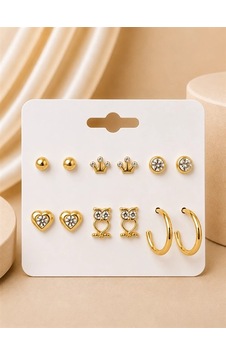 Baykuş Kalp Detaylı Gold Renk 6'lı Küpe Seti