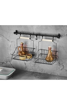 Ferforje Metal Sepet Askı Ve Kanca Set Siyah Retro 2 Sepetli Ferforje Metal Sepet Askı Ve Kanca Set Siyah Retro 2 Sepetli