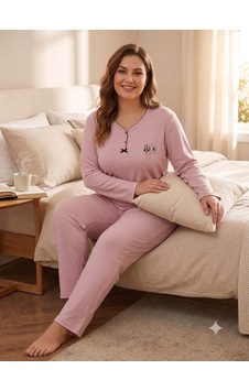 Büyük Beden Uzun Kol Pamuklu Likralı İnterlok Kumaş Pijama Takımı 8739 Pembe Büyük Beden Uzun Kol Pamuklu Likralı İnterlok Kumaş Pijama Takımı 8739 Pembe