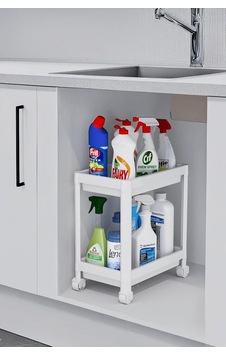 Sas Haus Flex Elite Pro 2 Katlı Beyaz Tekerlekli Çok Amaçlı Banyo & Mutfak Düzenleyici Raf - Evye Altı Raf Beyaz 40 X 35