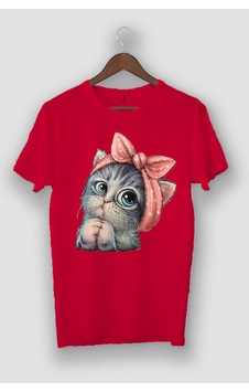 Startmore Oversize Unisex Gri Sevimli Minik Kedi Baskılı T-shirt Kirmizi