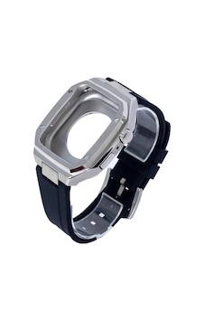 Apple Watch Uyumlu,44mm Kr402 Metal Kasa Silikon Kordon - Gümüş Apple Watch Uyumlu,44mm Kr402 Metal Kasa Silikon Kordon - Gümüş
