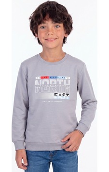 Onloox Erkek Gri Erkek Çocuk Gri Pamuklu Bisiklet Yaka Uzun Kollu Regular Kesim Yazı Baskılı Tişört 6-12 Yaş