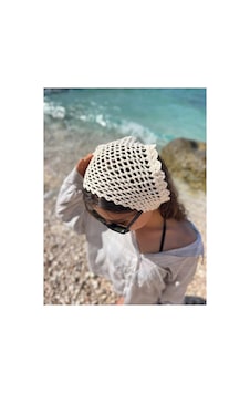 Krem Renkli File Model Bandana, El Yapımı Örgü Bandana, Yazlık Örgü Bandana Krem Krem