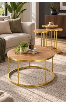 Sulorahome 4'lü Yuvarlak Sehpa Seti Ceviz Ve Gold Metal Ayaklı Sulorahome 4'lü Yuvarlak Sehpa Seti Ceviz Ve Gold Metal Ayaklı