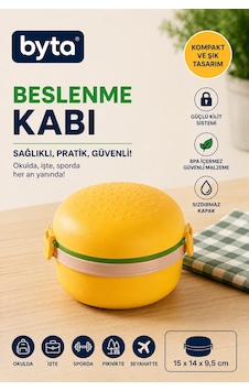 Beslenme Kabı Kilitli Kapaklı Lunch Box Hamburger Desen Bpa Free Çocuk Beslenme Kutusu Sarı