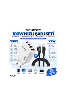 Schitec 100w 4 Çıkışlu Süper Hızlı Şarj Başlığı Ve 60w Type-c To Lightning Hızlı Şarj Ve Data Kablosu Siyah