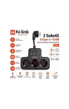 Hi-link 3 Soketli 2xtypec+1xusb Girişli Termal Akım Korumalı Priz - Siyah 0.25 CM Hi-link 3 Soketli 2xtypec+1xusb Girişli Termal Akım Korumalı Priz - Siyah 0.25 CM