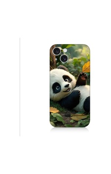 Apple Uyumlu iPhone 15 Panda Ve Yaprak Desenli Silikon Kılıf Silikon