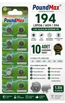 10 Adet Ag9 Lr45, Lr936, 394 1.5v - Poundmax Alkalin Düğme Piller 1x 10 Lu Paket 10 Adet Ag9 Lr45, Lr936, 394 1.5v - Poundmax Alkalin Düğme Piller 1x 10 Lu Paket