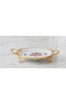 Dekoratif Gold Metal Ayaklı Oval Çiçekli Porselen Sunumluk Tabak Altın Dekoratif Gold Metal Ayaklı Oval Çiçekli Porselen Sunumluk Tabak Altın