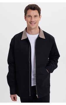Tudors Erkek Relax Fit Rahat Kesim Gabardin Düz Fermuarlı Kanguru Cepli Kontrast Yaka Siyah Gömlek Ceket-41993