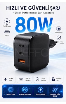 80w Çift Portlu 2x Usb-c Usb-a Girişli Akıllı Hızlı Şarj Adaptörü