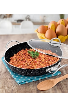 Lines Menemen Aşkı Cam Kapaklı Granit Tava 26 CM Siyah Lines Menemen Aşkı Cam Kapaklı Granit Tava 26 CM Siyah