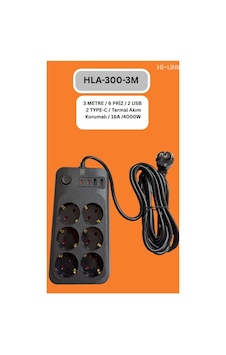 Hi-link Hla-300-3 3 Metre 6 Priz 2 Usb 2 Type-c Termal Akım Korumalı 16a 4000w 0.35 M Hi-link Hla-300-3 3 Metre 6 Priz 2 Usb 2 Type-c Termal Akım Korumalı 16a 4000w 0.35 M