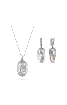 Gri Barok Doğal İnci Kolye Küpe İkili Set - Rose Gri Barok Doğal İnci Kolye Küpe İkili Set - Rose