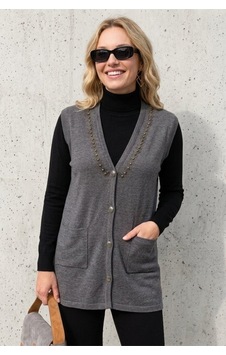 Onno Style Women Yakası Taşlı Çelik Örgü Triko Kadın Yelek Gri Onno Style Women Yakası Taşlı Çelik Örgü Triko Kadın Yelek Gri