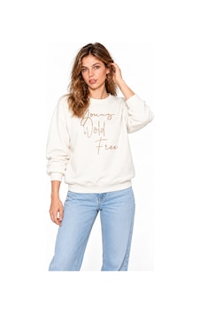 Mevese Kadın Parlak Taş Baskılı Salaş Kesim Üç İplik Sweatshirt - Beyaz Mevese Kadın Parlak Taş Baskılı Salaş Kesim Üç İplik Sweatshirt - Beyaz