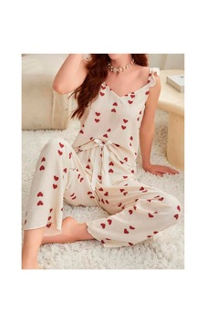 İkikareshop Kadın Ekru Kırmızı Kalp Desenli Yumuşak Pamuklu Uzun Pijama Takımı 5136 Çok Renkli İkikareshop Kadın Ekru Kırmızı Kalp Desenli Yumuşak Pamuklu Uzun Pijama Takımı 5136 Çok Renkli