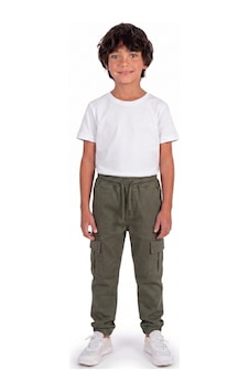Onloox Erkek Haki Yeşil Erkek Çocuk Haki Yeşil Pamuklu Gabardin Dar Paça Beli Lastikli Kargo Cepli Pantolon 1.5-5 Yaş