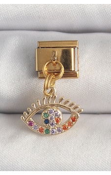 Bluefeet 316l Çelik Gold Renk Sallantı Renkli Zirkon Taşlı Göz Model Nomination Charm Çok Renkli