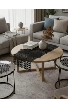 Salon Takımı 5 Parça Açılı Model Dantel Runner Seti Siyah Masa Örtüsü No 257