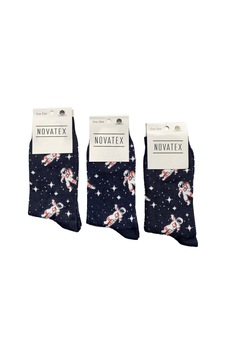 Lukitus Unisex Eğlenceli Astranot Desenli Soket Çorap 3 Adet Çok Renkli