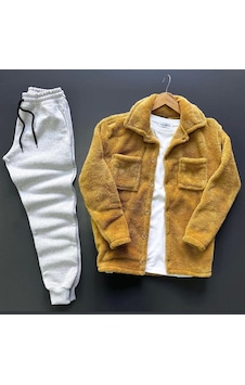 Fifty Color Unisex Taba Peluş Polar Hırka Gömlek Gri Eşofman Altı Takım Taba - Gri Fifty Color Unisex Taba Peluş Polar Hırka Gömlek Gri Eşofman Altı Takım Taba - Gri