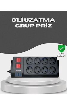 Akım Korumalı 8 Li Priz 3 Usb Li Uzatma Kablosu Isıya Dayanıklı 2 Metre - Akım Korumalı 8 Li Priz 3 Usb Li Uzatma Kablosu Isıya Dayanıklı 2 Metre -