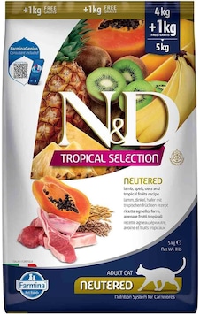 N&D Tropical Selection Düşük Tahıllı Kuzulu Tropikal Meyveli Kısırlaştırılmış Yetişkin Kedi Maması 1 + 4 KG N&D Tropical Selection Düşük Tahıllı Kuzulu Tropikal Meyveli Kısırlaştırılmış Yetişkin Kedi Maması 1 + 4 KG