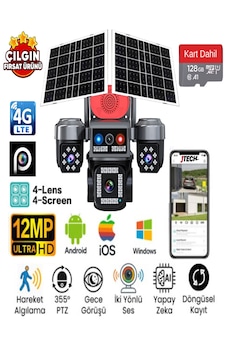 Jtech Jt-s445 3mp+3mp+3mp+3mp 12mp Aov E-sim 4g 2xsolar Panelli 4 Kameralı 1 Ptz Akıllı Kamera + 128gb Sd Kart