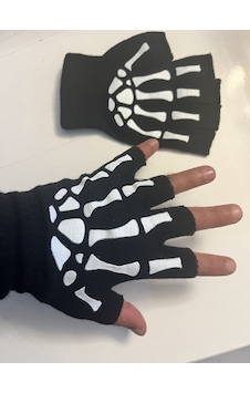 Airbrush Tattoo İskelet Kuru Kafa Parmaksız Kesik Yarım Parmak Eldiven Model6 Siyah