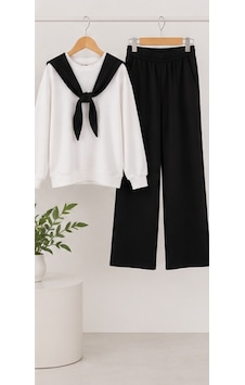 Mila Mood Kız Çocuk Ekru Sweatshirt Siyah Şal Detaylı Bol Paça Pantolon 2 Li Takım Siyah- Beyaz